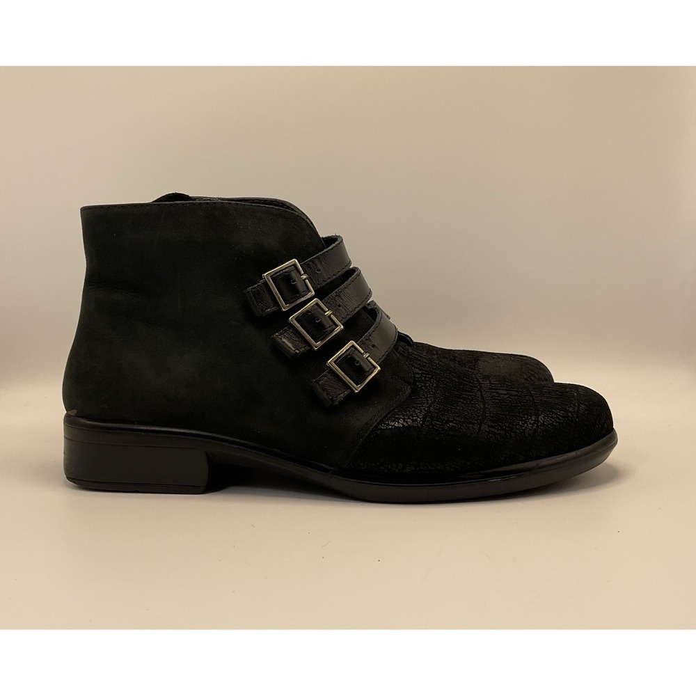 Naot Calima Ankle Boots Womens 8 Black Suede Leather 3 Buckle Straps Side Zip